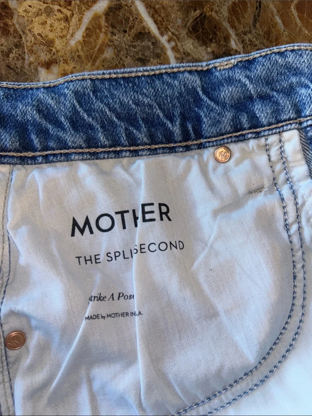 Mother the split second Classic Blue Denim Midi Skirt high diagonal front slit